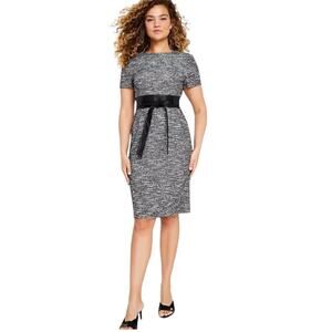 CALVIN KLEIN Women’s Sz 12 Tweed Faux Leather Black  Belt Sheath Spandex Dress